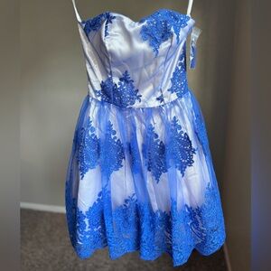 Un Deux Trois Blue Cream Short Embroidery Lace Strapless Girls Dress Size 0